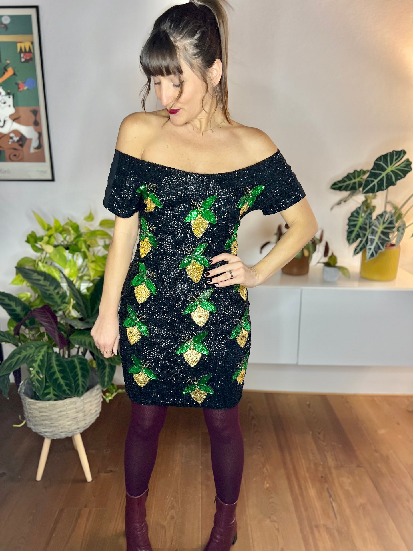 1980's vintage black sequin mini dress with green and gold lemon pattern