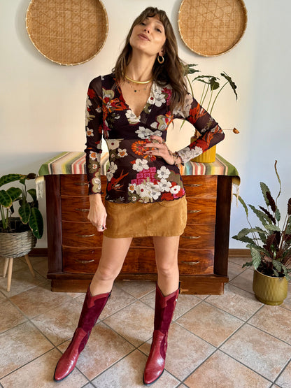 Y2k vintage sheer chocolate brown and burgundy floral mesh top