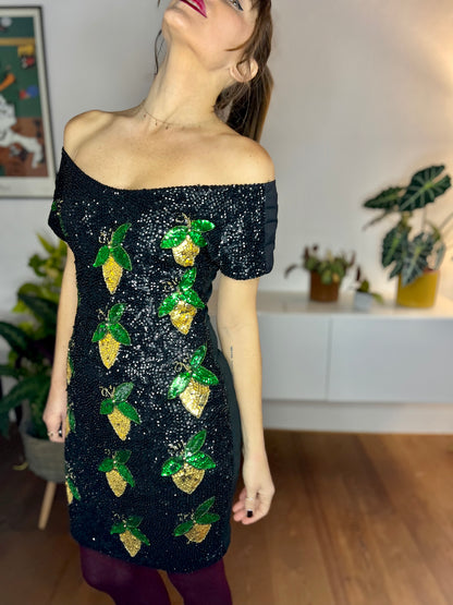 1980's vintage black sequin mini dress with green and gold lemon pattern