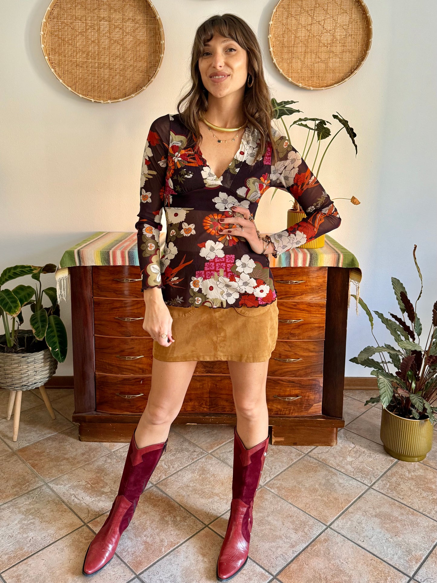 Y2k vintage sheer chocolate brown and burgundy floral mesh top