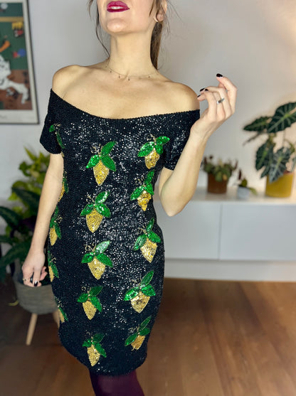 1980's vintage black sequin mini dress with green and gold lemon pattern