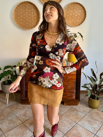 Y2k vintage sheer chocolate brown and burgundy floral mesh top