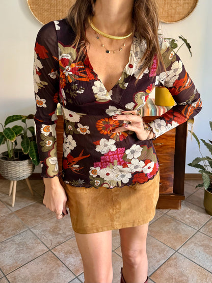 Y2k vintage sheer chocolate brown and burgundy floral mesh top