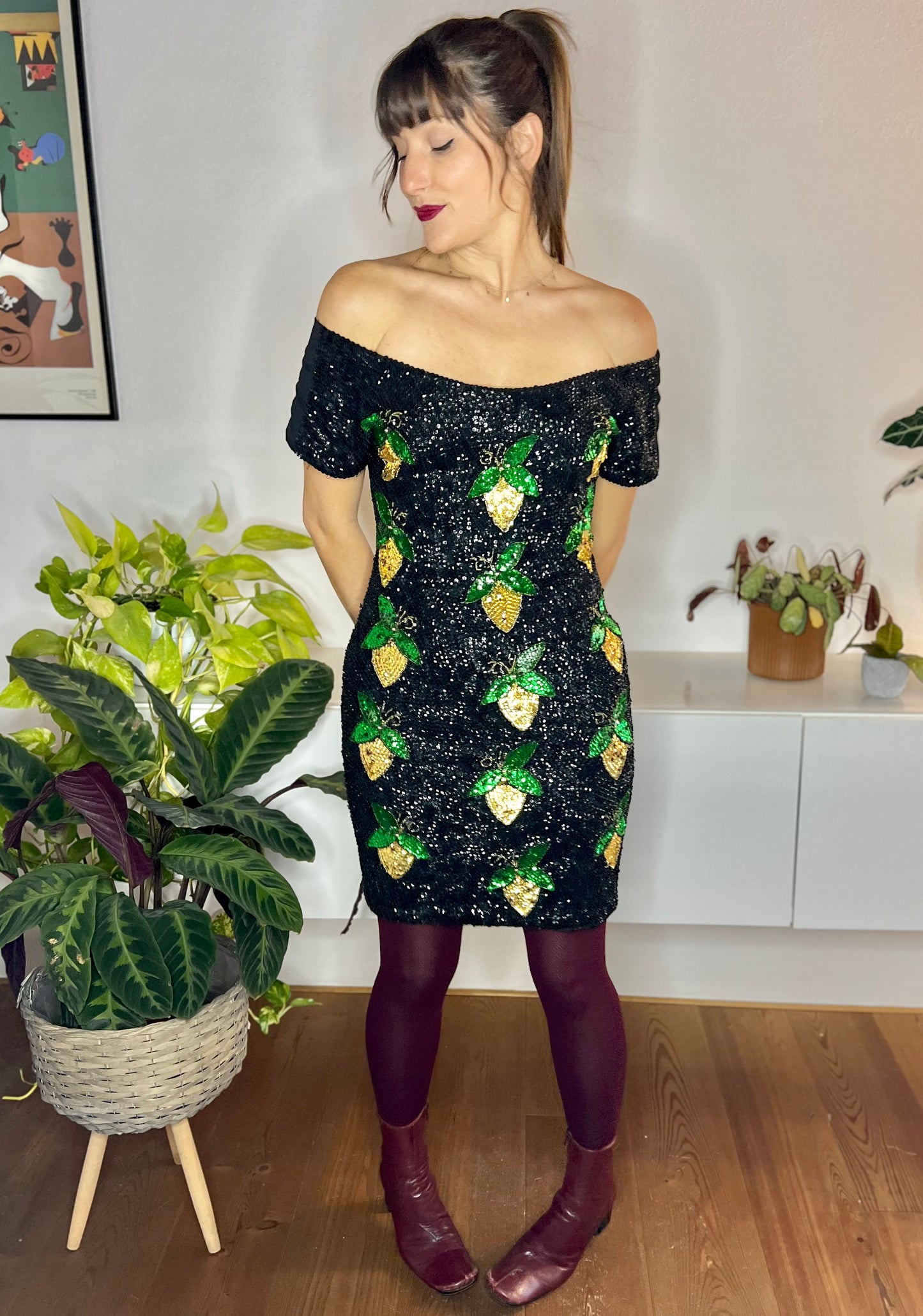 1980's vintage black sequin mini dress with green and gold lemon pattern