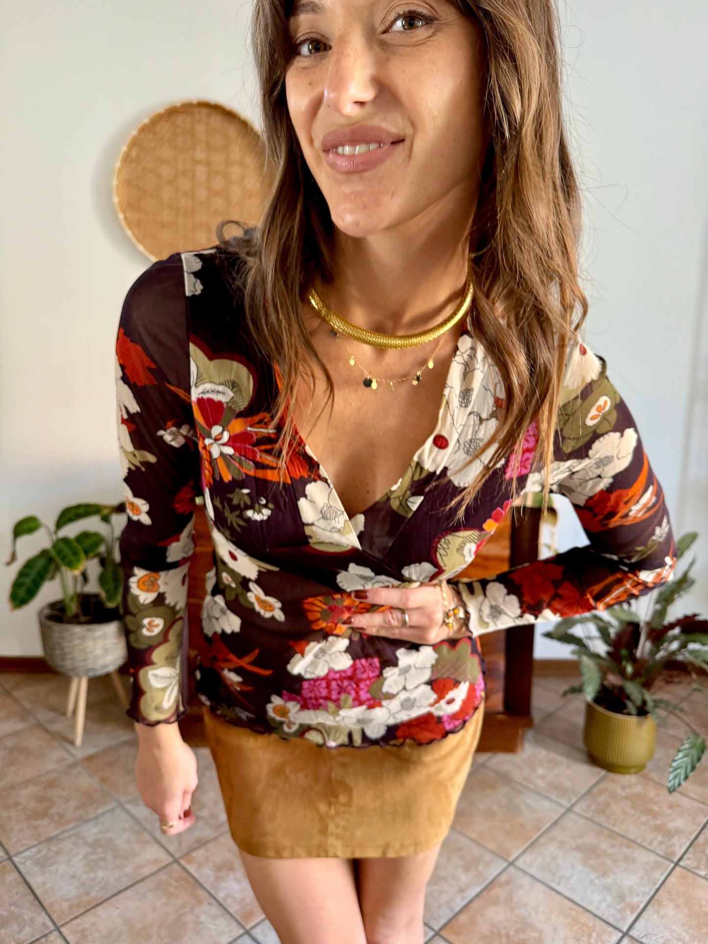 Y2k vintage sheer chocolate brown and burgundy floral mesh top