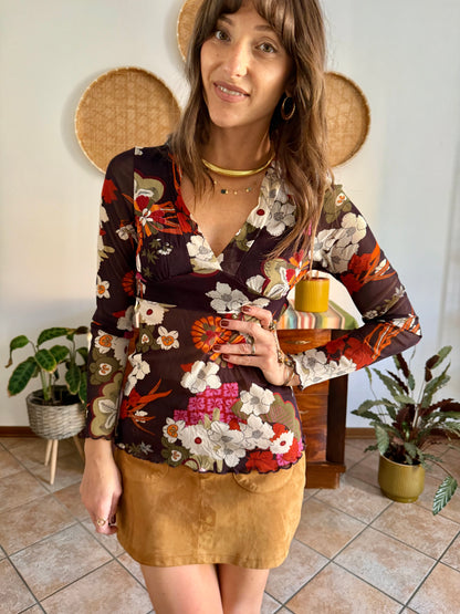 Y2k vintage sheer chocolate brown and burgundy floral mesh top