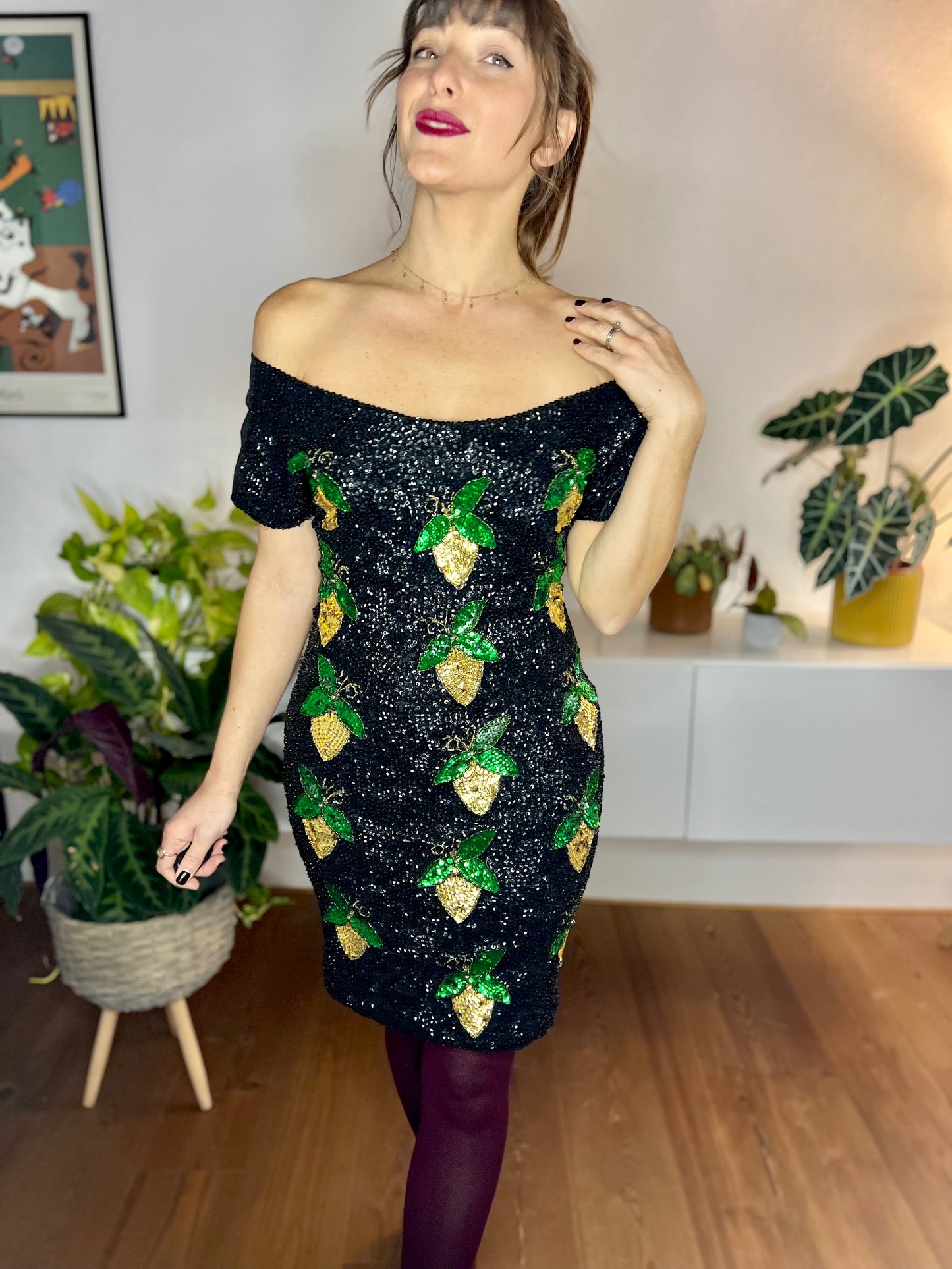 1980's vintage black sequin mini dress with green and gold lemon pattern