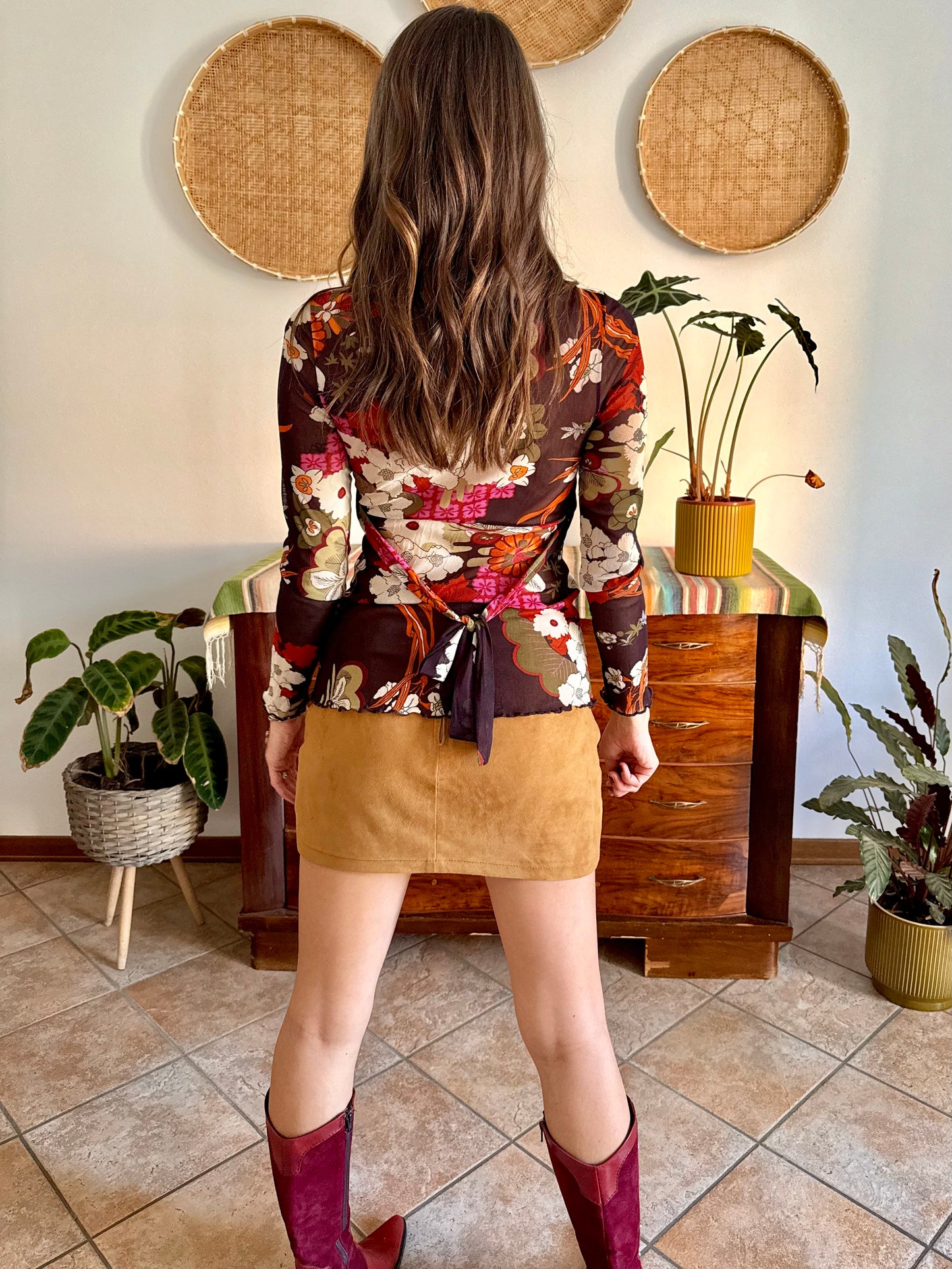 Y2k vintage sheer chocolate brown and burgundy floral mesh top