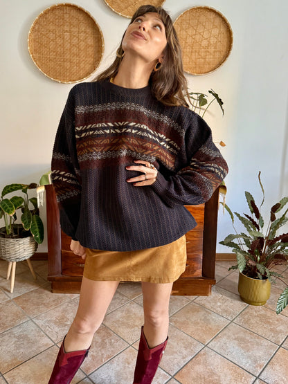 1990's vintage oversize chocolate brown, burgundy and nay blue wool blend stripe knit