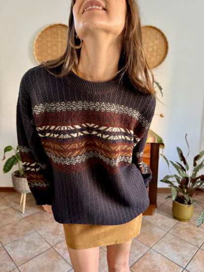 1990's vintage oversize chocolate brown, burgundy and nay blue wool blend stripe knit