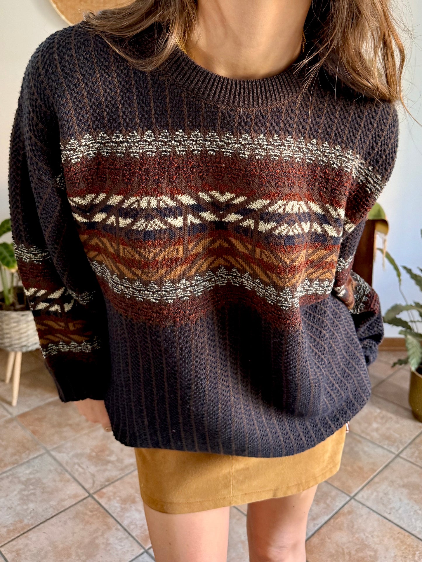 1990's vintage oversize chocolate brown, burgundy and nay blue wool blend stripe knit