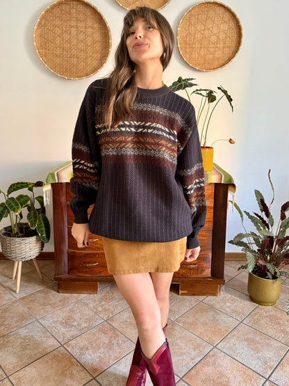 1990's vintage oversize chocolate brown, burgundy and nay blue wool blend stripe knit