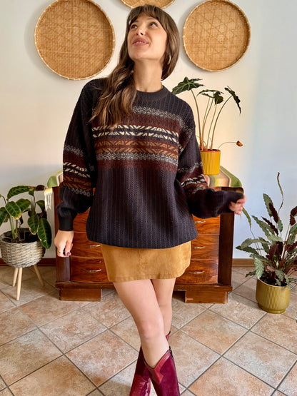 1990's vintage oversize chocolate brown, burgundy and nay blue wool blend stripe knit