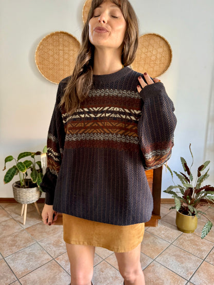 1990's vintage oversize chocolate brown, burgundy and nay blue wool blend stripe knit