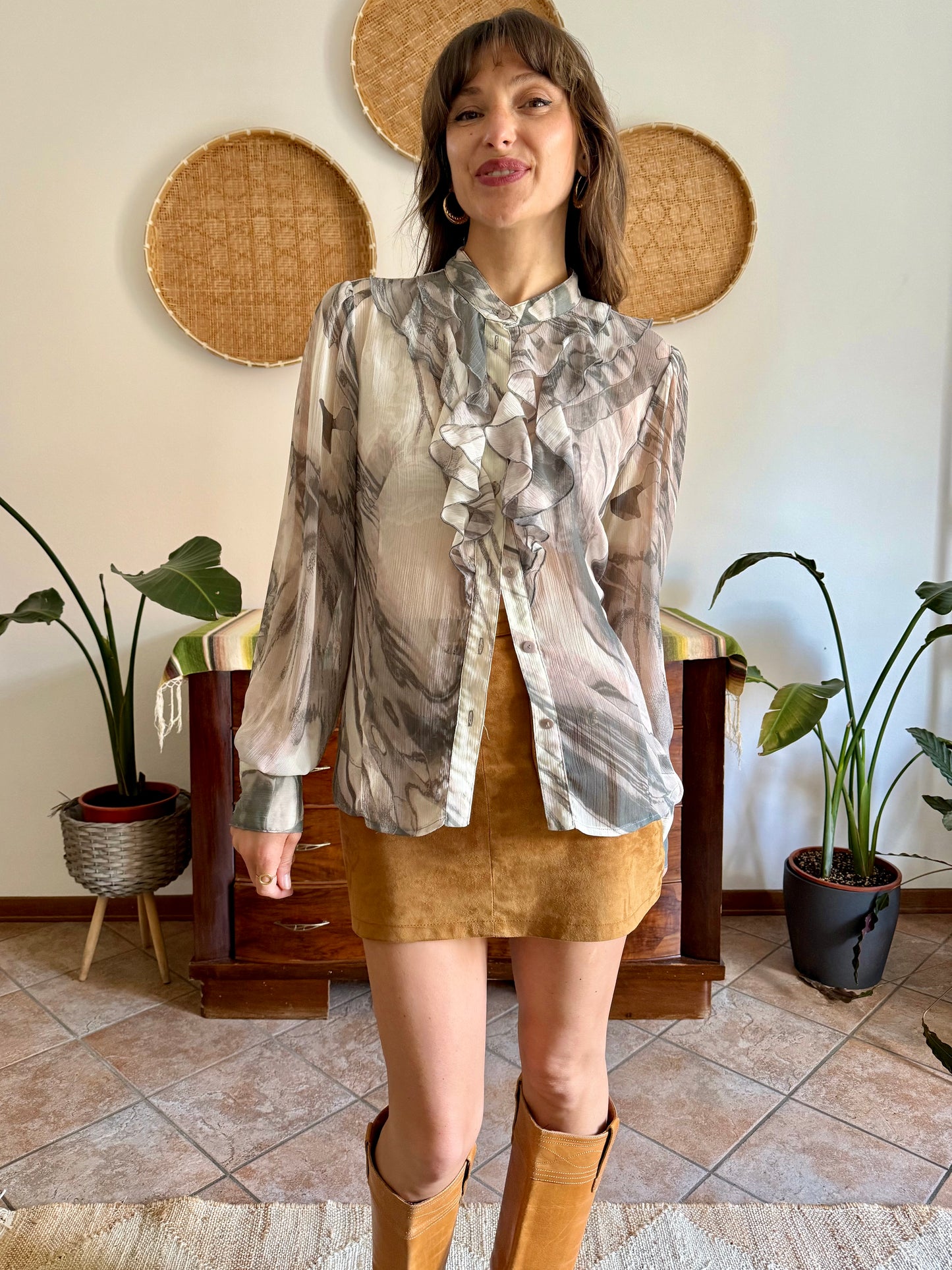 1970's vintage cream and grey ruffle blouse
