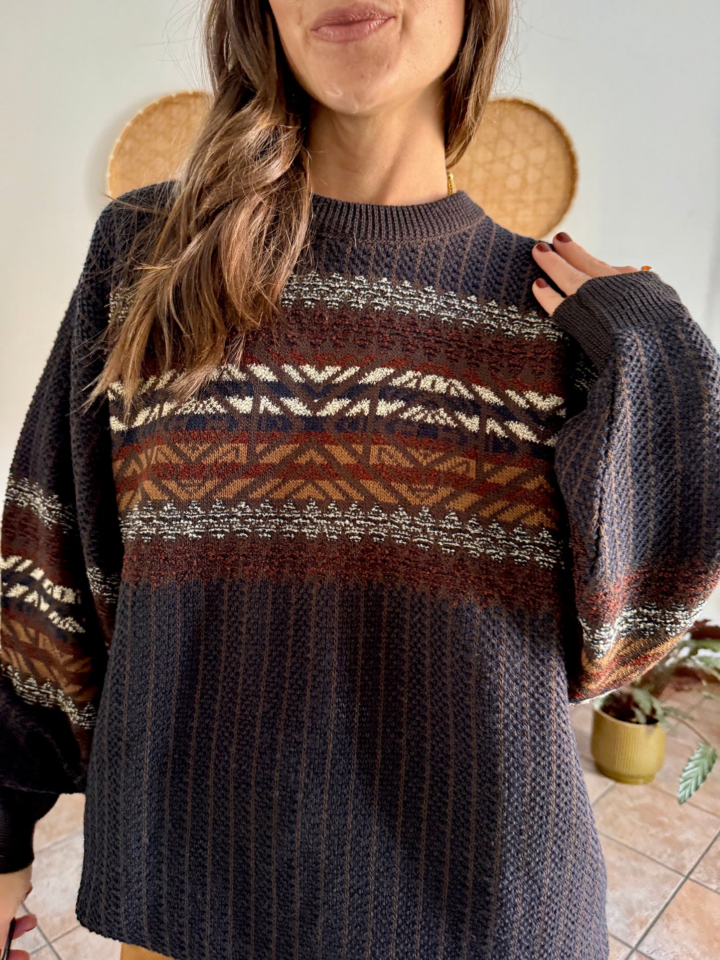 1990's vintage oversize chocolate brown, burgundy and nay blue wool blend stripe knit