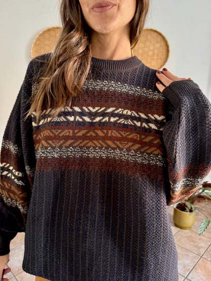 1990's vintage oversize chocolate brown, burgundy and nay blue wool blend stripe knit