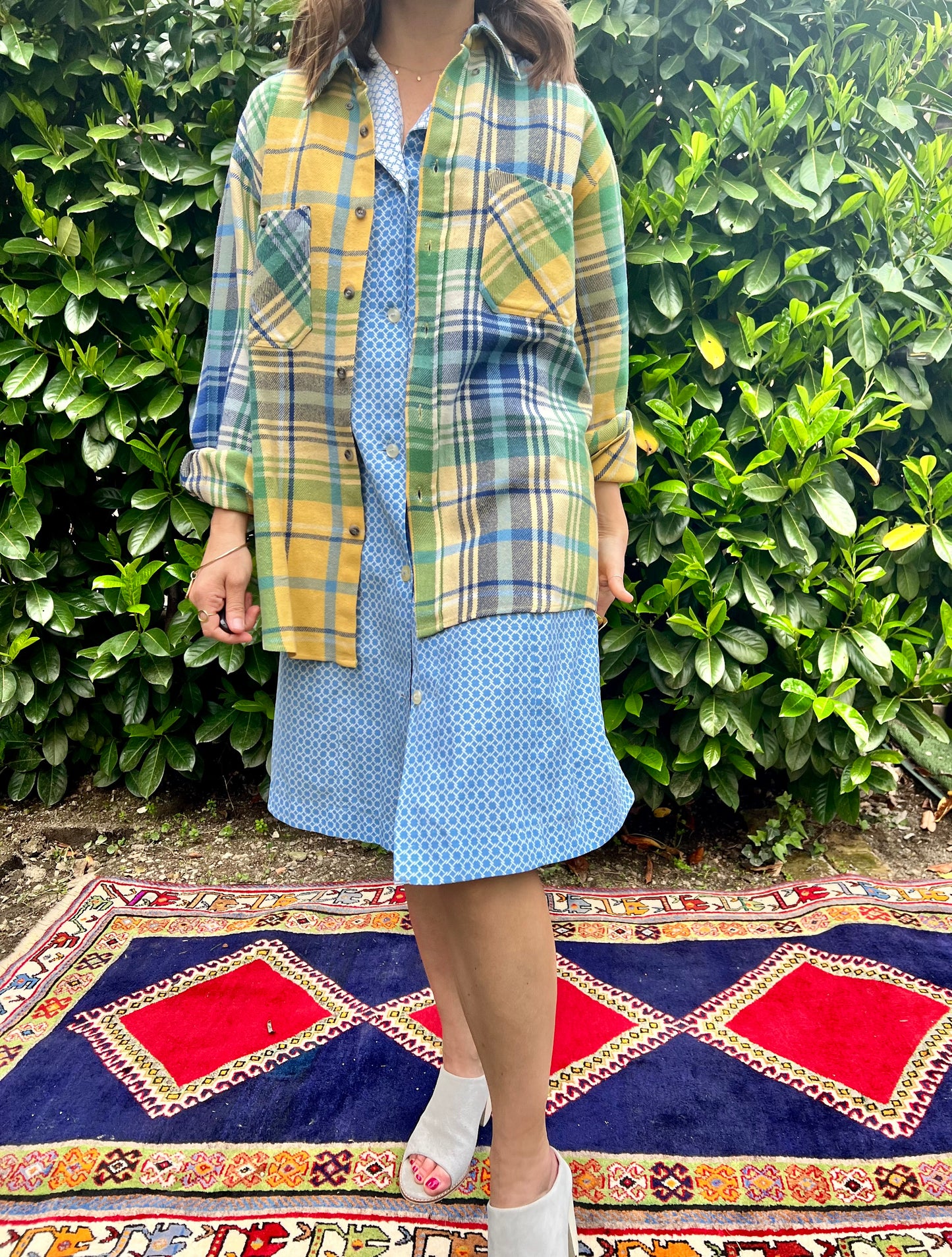 1990's vintage oversize yellow, blue and green flannel shirt