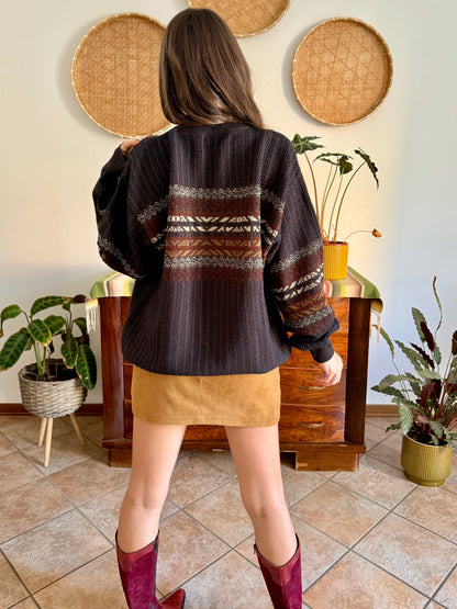 1990's vintage oversize chocolate brown, burgundy and nay blue wool blend stripe knit