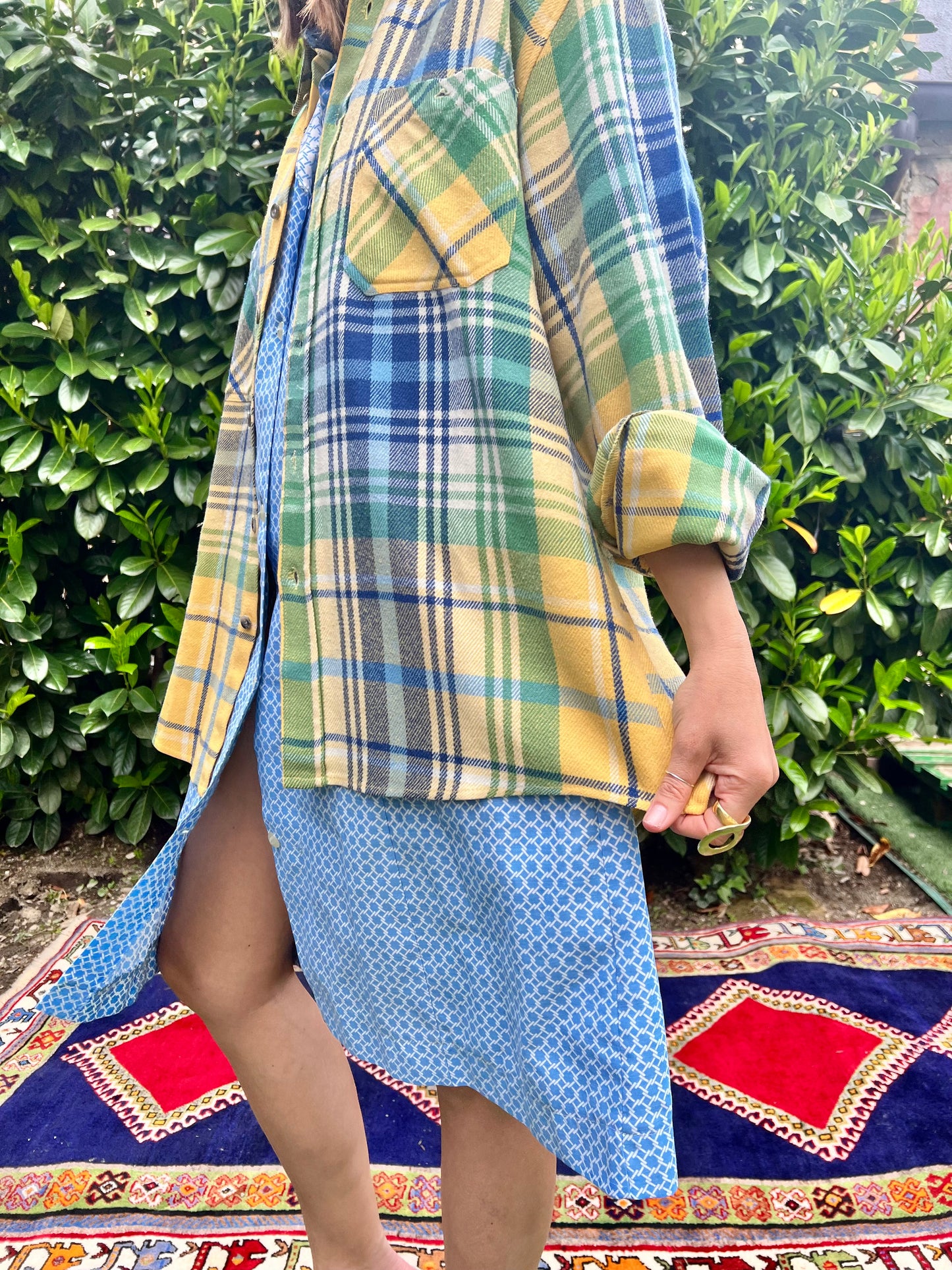 1990's vintage oversize yellow, blue and green flannel shirt