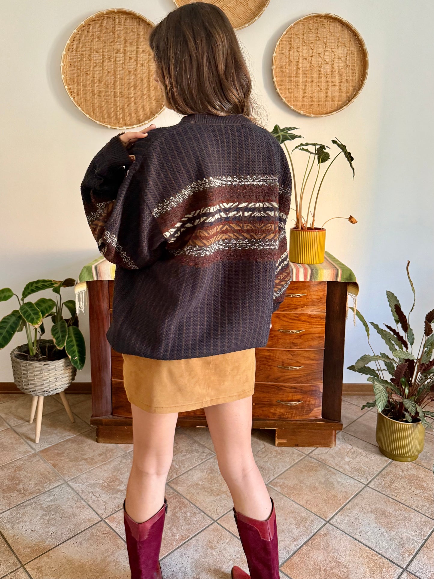 1990's vintage oversize chocolate brown, burgundy and nay blue wool blend stripe knit