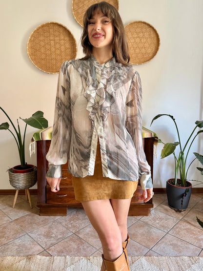 1970's vintage cream and grey ruffle blouse