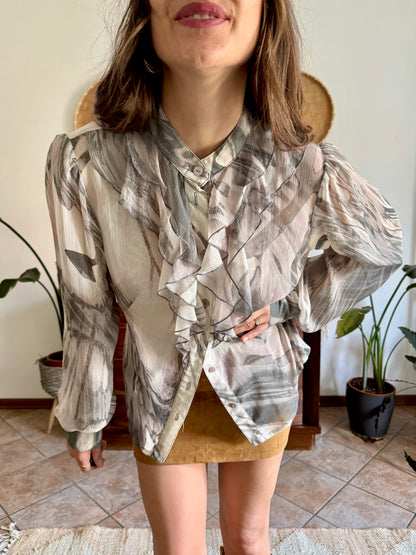 1970's vintage cream and grey ruffle blouse