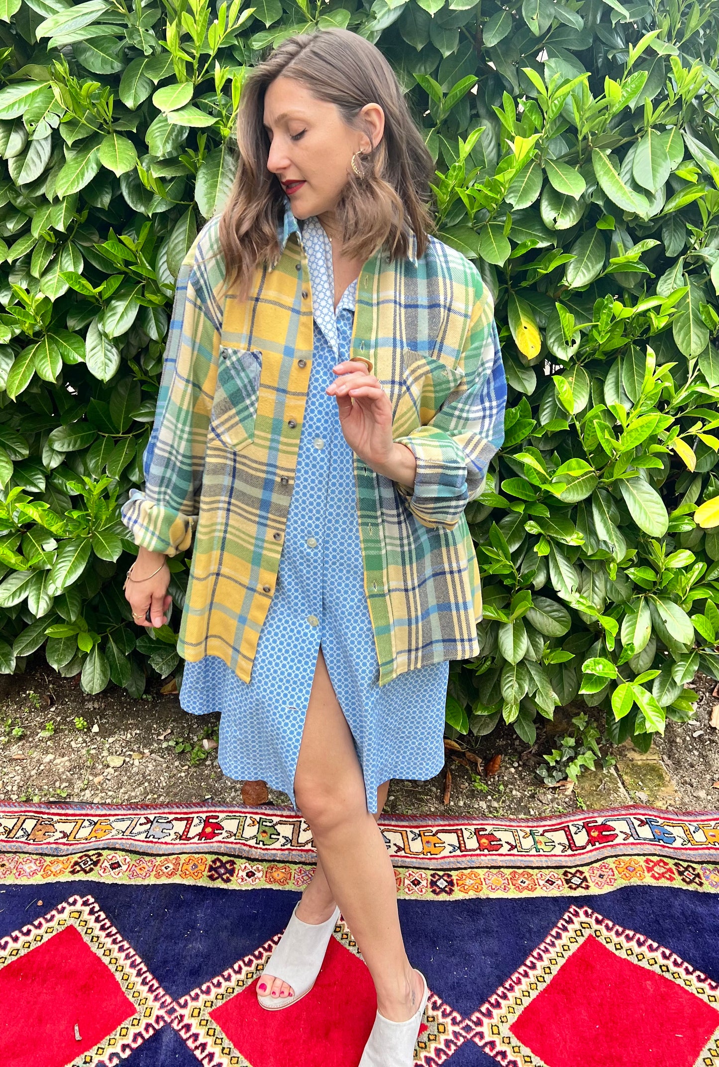 1990's vintage oversize yellow, blue and green flannel shirt