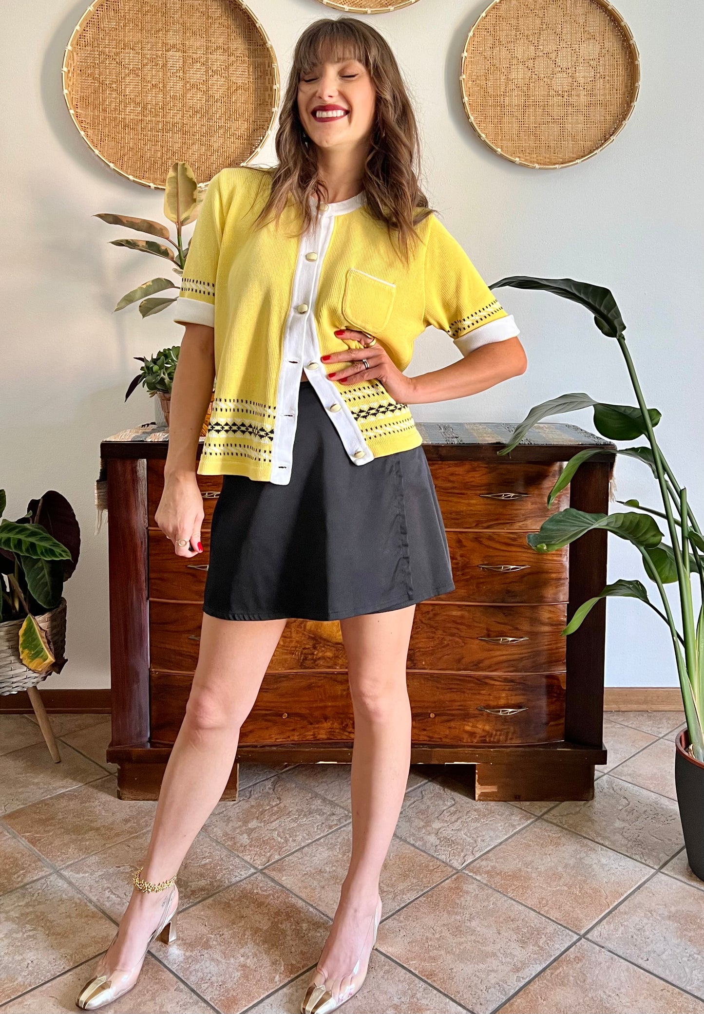 1980's vintage yellow short sleeve knit cardigan with black and white knit pattern