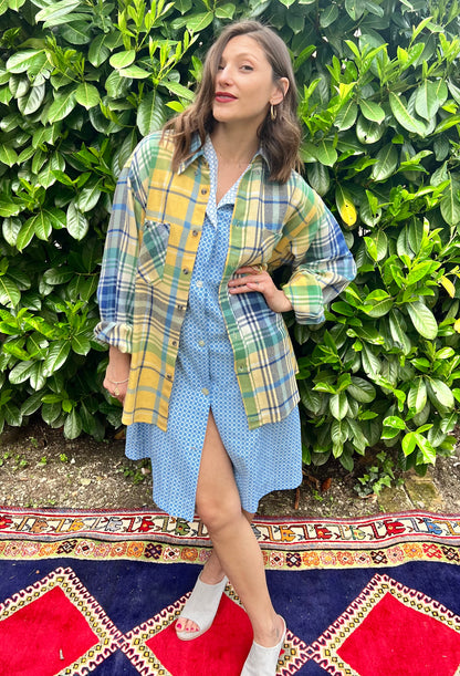 1990's vintage oversize yellow, blue and green flannel shirt