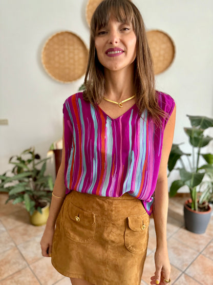 1970's vintage turquoise, pink and fuchsia abstract stripe silk blouse