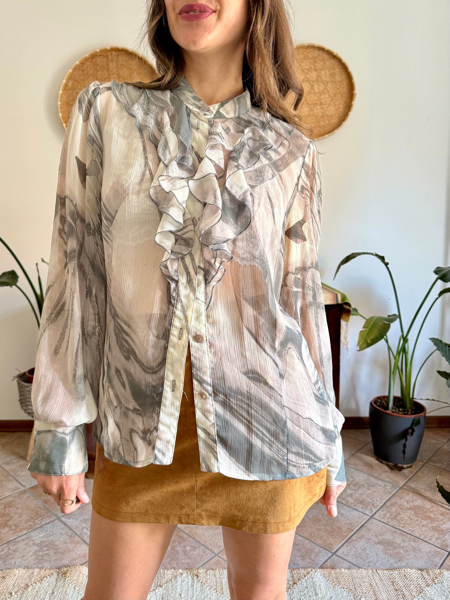 1970's vintage cream and grey ruffle blouse