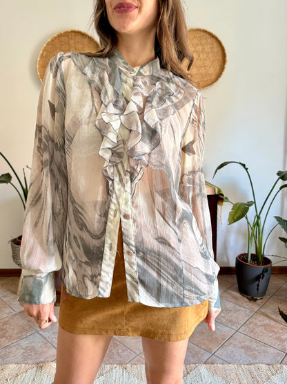 1970's vintage cream and grey ruffle blouse