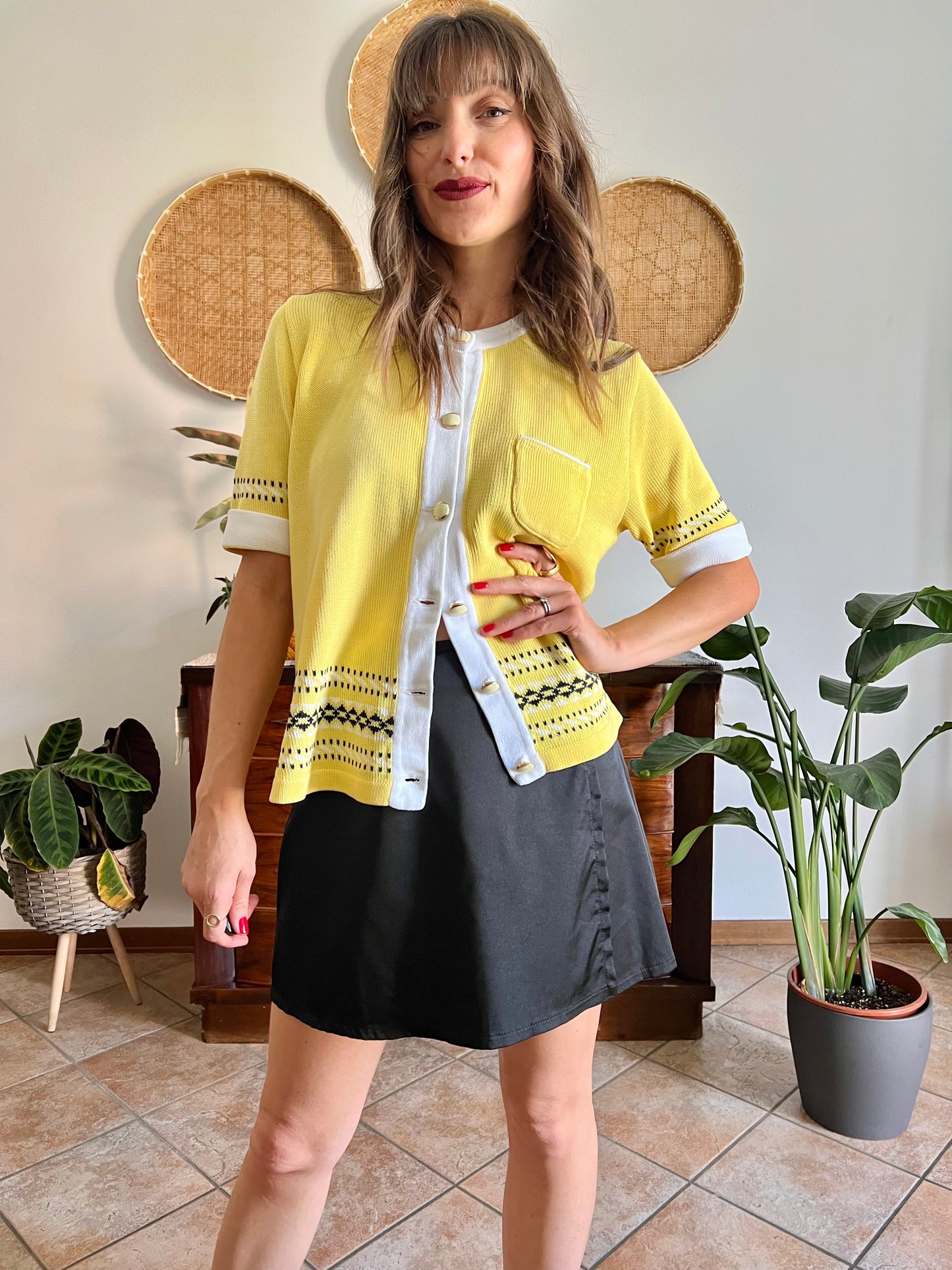 1980's vintage yellow short sleeve knit cardigan with black and white knit pattern
