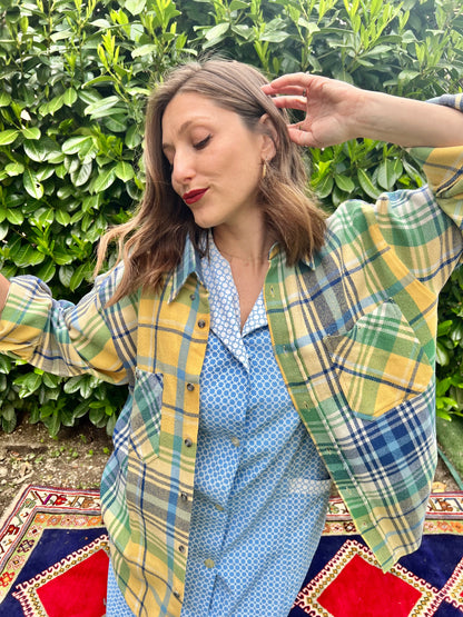 1990's vintage oversize yellow, blue and green flannel shirt