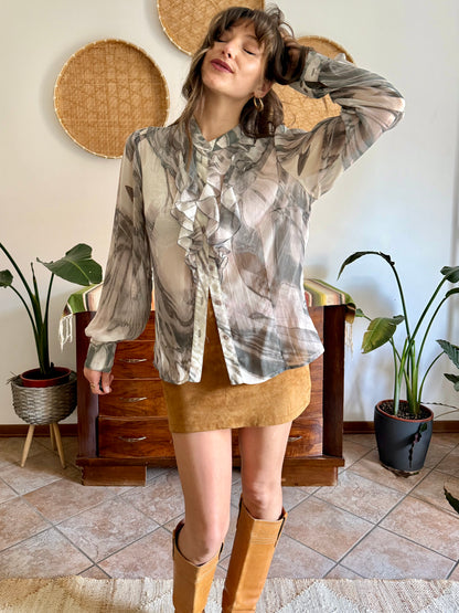 1970's vintage cream and grey ruffle blouse