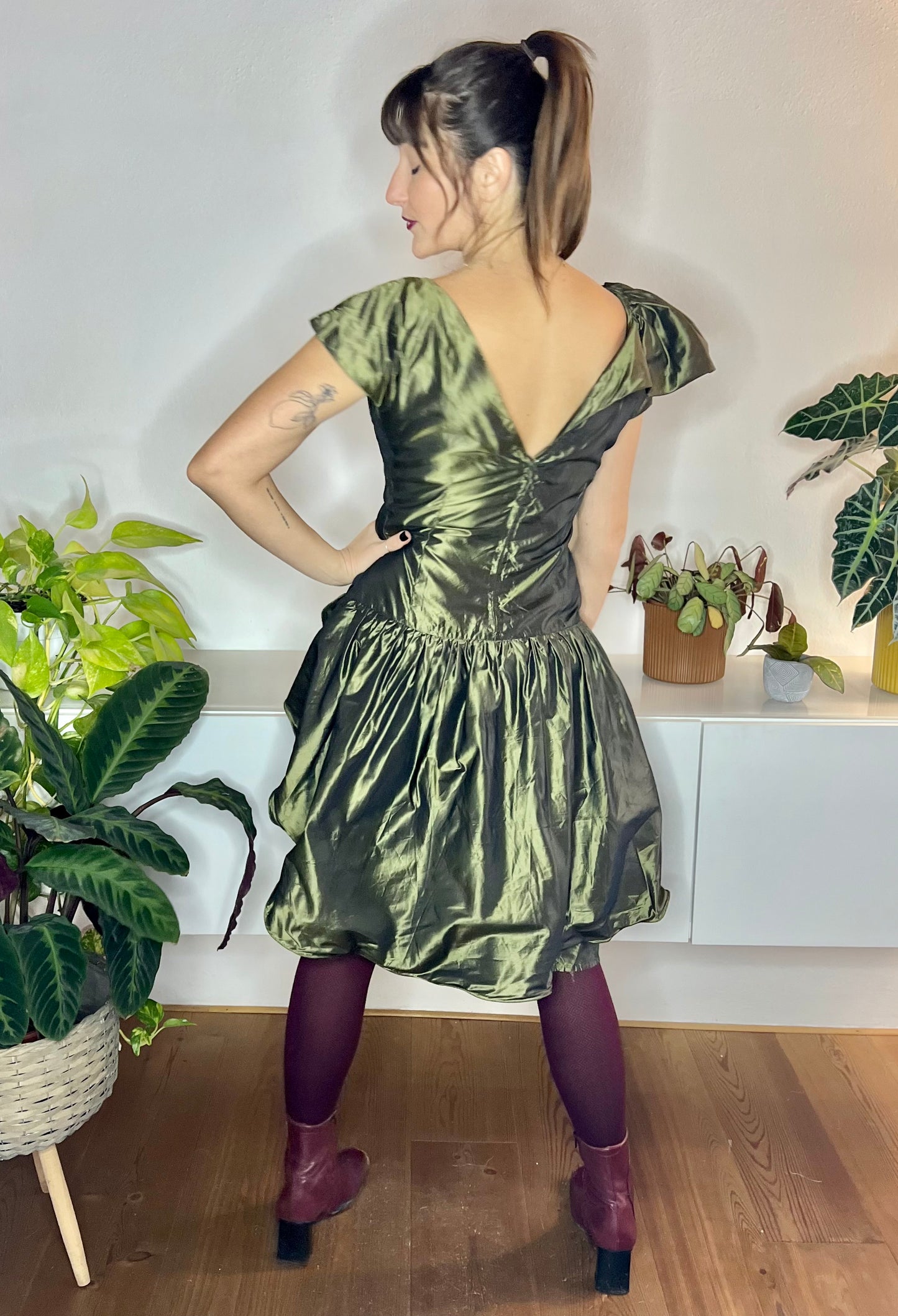 1980's vintage olive green silk ruffle mini dress