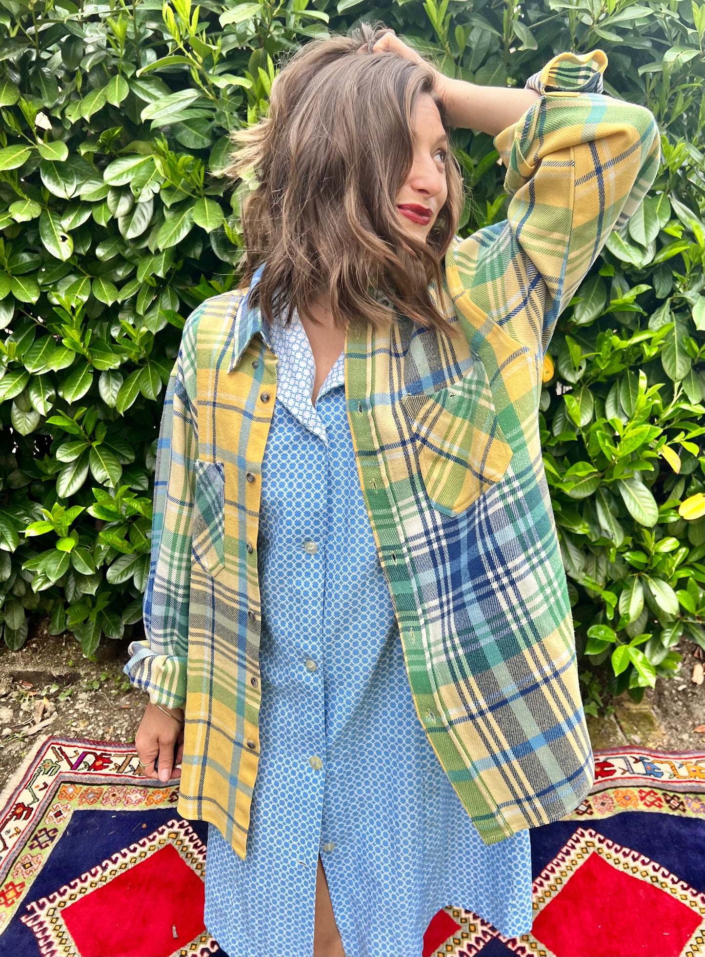 1990's vintage oversize yellow, blue and green flannel shirt