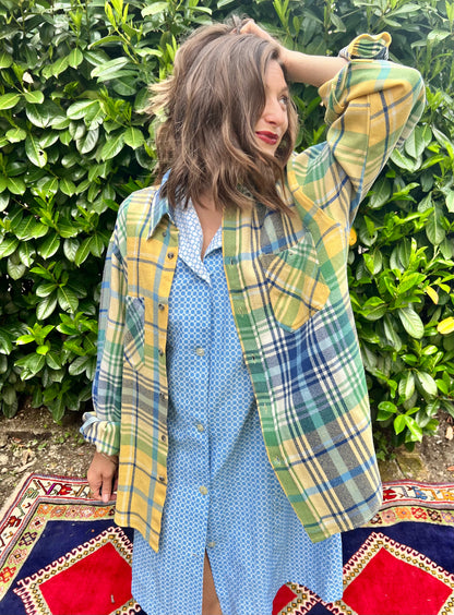 1990's vintage oversize yellow, blue and green flannel shirt