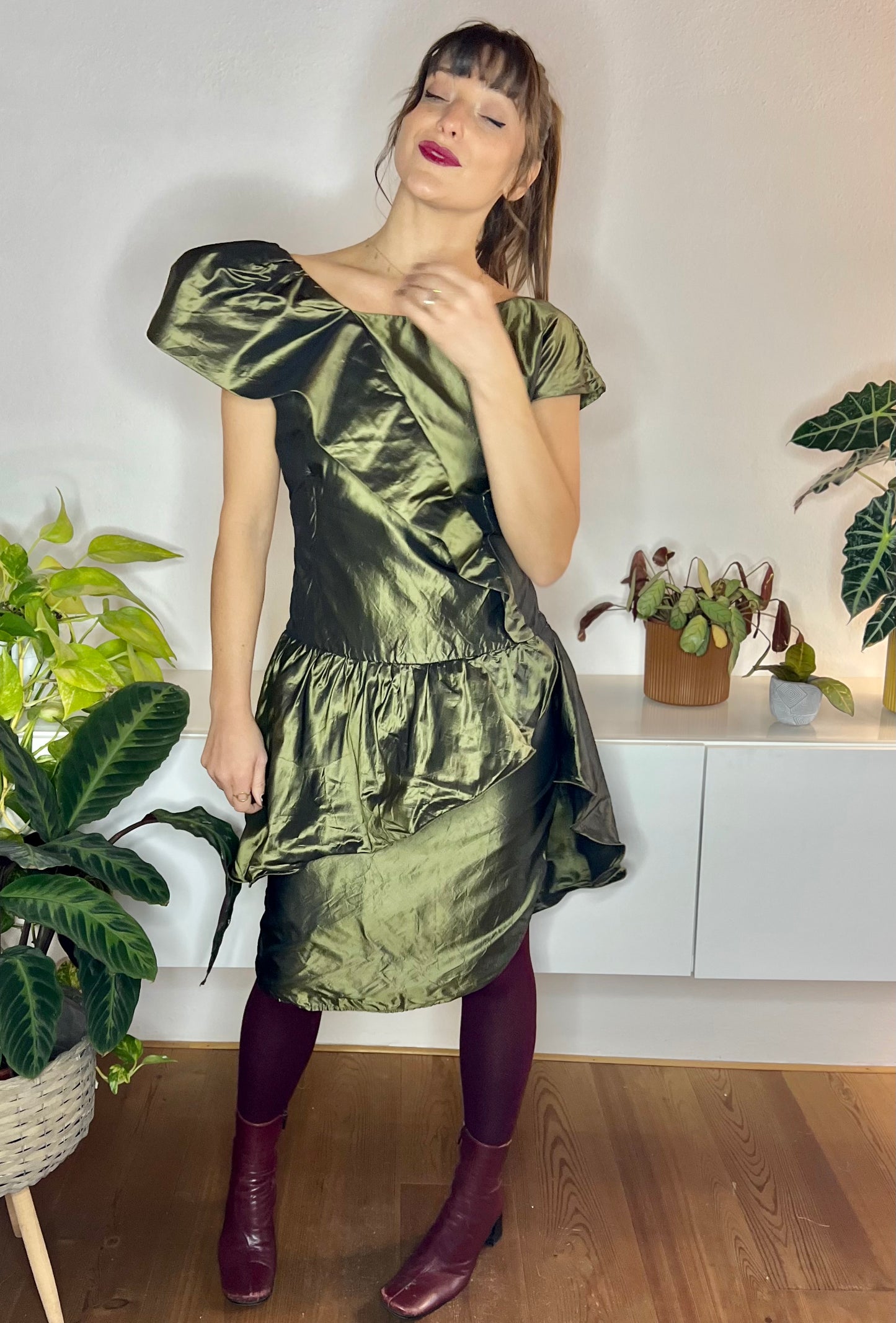 1980's vintage olive green silk ruffle mini dress