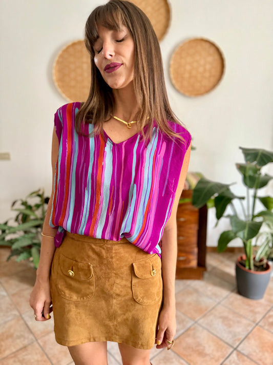 1970's vintage turquoise, pink and fuchsia abstract stripe silk blouse