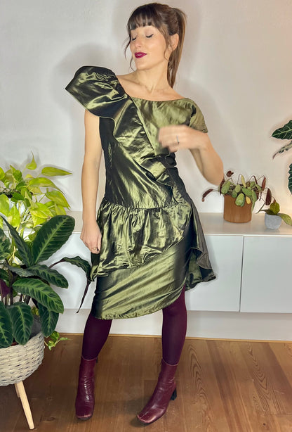 1980's vintage olive green silk ruffle mini dress