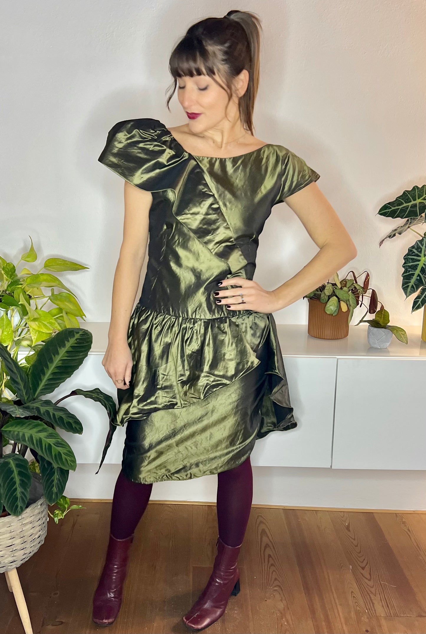 1980's vintage olive green silk ruffle mini dress