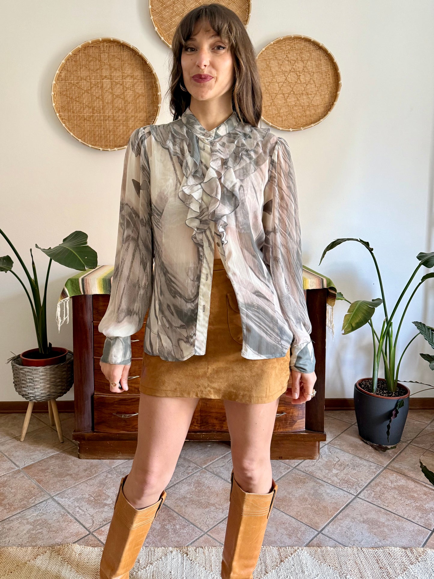 1970's vintage cream and grey ruffle blouse