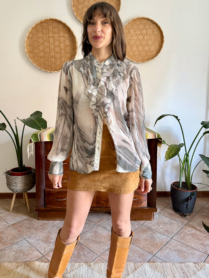 1970's vintage cream and grey ruffle blouse