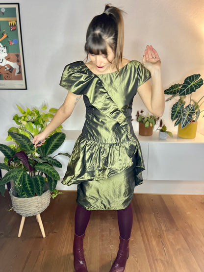 1980's vintage olive green silk ruffle mini dress