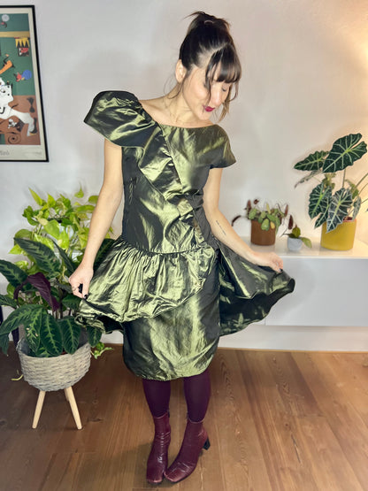 1980's vintage olive green silk ruffle mini dress