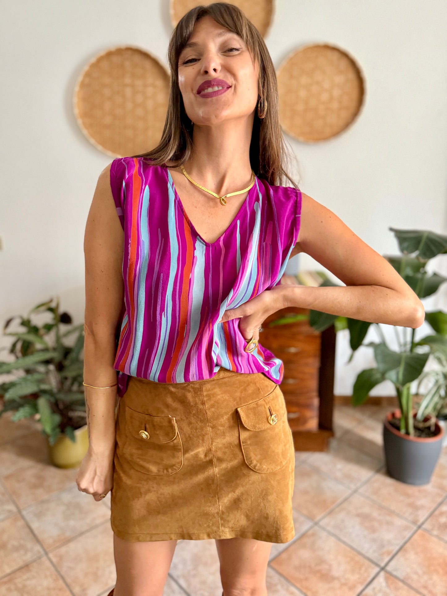 1970's vintage turquoise, pink and fuchsia abstract stripe silk blouse