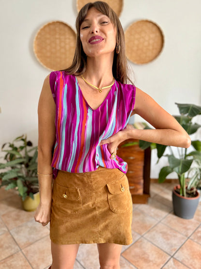 1970's vintage turquoise, pink and fuchsia abstract stripe silk blouse