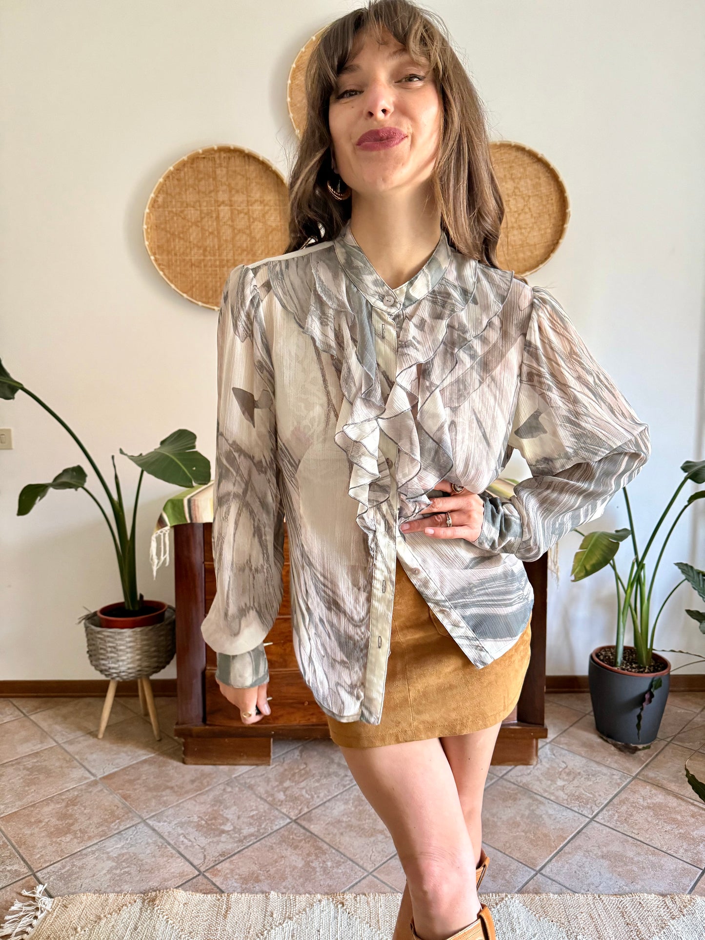 1970's vintage cream and grey ruffle blouse